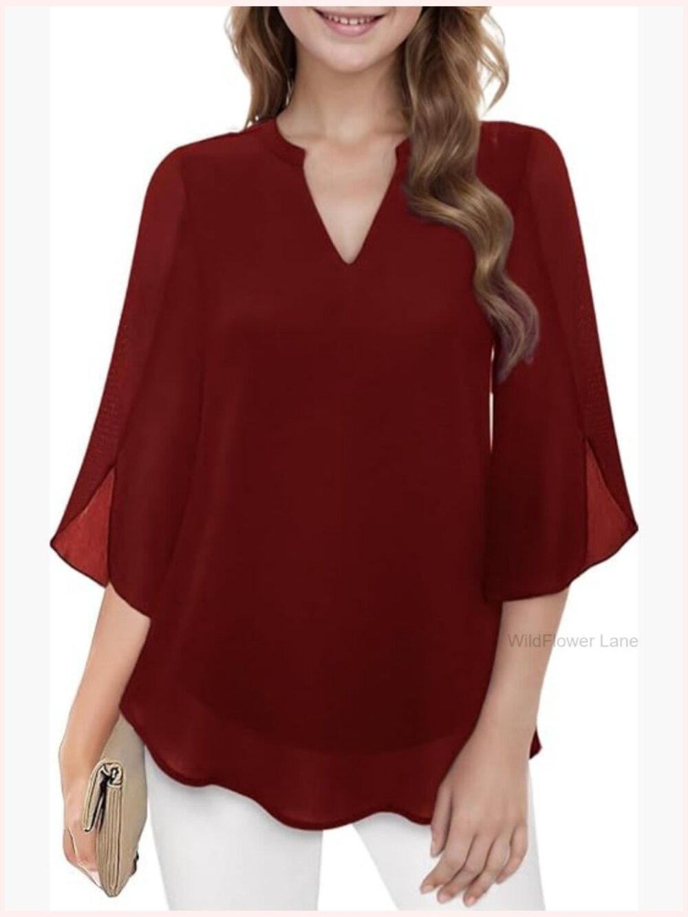 Double Layered Bell Sleeve V Neck Blouse Tunic